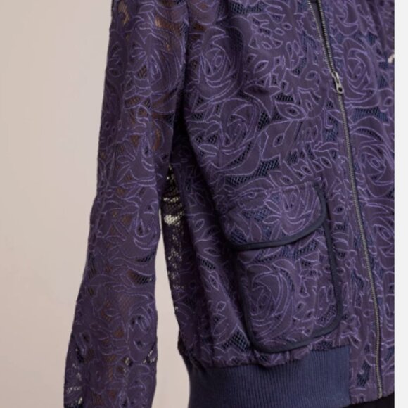 Anthropologie Elevenses Navy Blue Sheer Lace Bomber Jacket Cottagecore - Picture 10 of 11